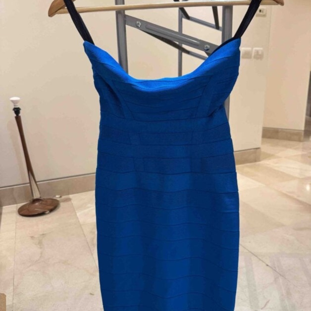 Herve Leger Electric Blue Bandage Mini Dress with Black Straps